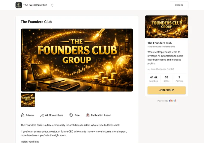 The Founders Club Skool community about page showing membership details, pricing, and community overview