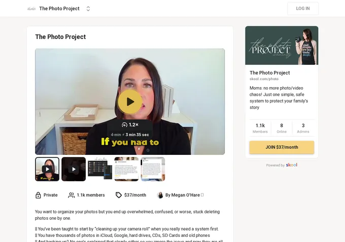 The Photo Project Skool about page showing 1,100+ members, $37/month pricing, and Megan O'Hare's community overview for photo organization