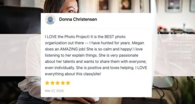 The Photo Project community discussion feed showing members troubleshooting photo organization challenges and sharing progress updates