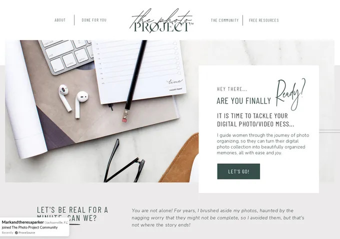 The Photo Project website homepage showing Megan O'Hare's photo organization course offerings and community access