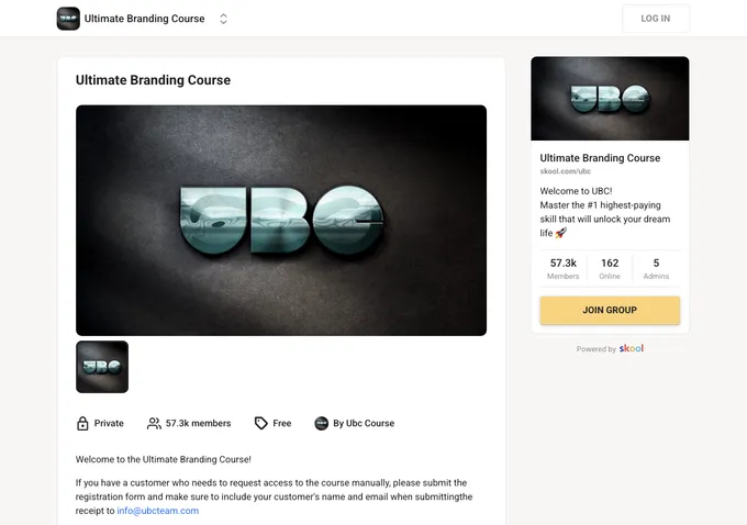 Ultimate Branding Course Skool community about page showing membership details, pricing, and community overview
