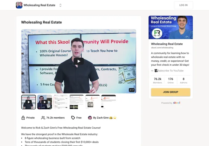 Wholesaling Real Estate Skool community about page showing membership details, pricing, and community overview