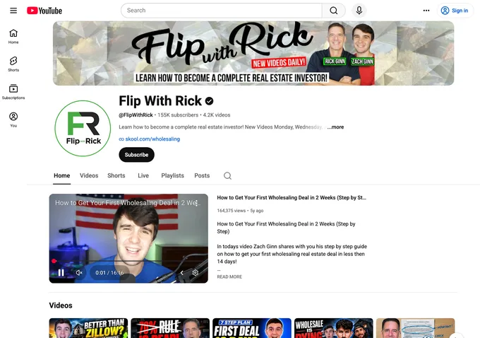 Zach Ginn YouTube channel page showing subscriber count and content library